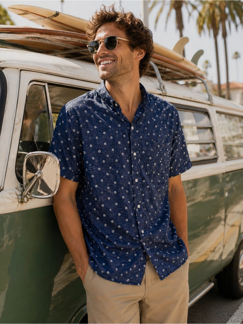 Outerknown Organic Cotton Hemp Peace Print Short Sleeve Button Down Shirt Medium
